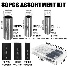 Socpuro 80Pcs Non Insulated Butt Connectors Kit with Heat Shrinkable Tube, 4/6/8AWG Stranded Copper Butt Splice Connectors Kit for Automotive Boat Truck Wire Joint