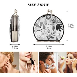 Pink Flowers Berries Leaves Seamless Floral Texture Black White Compact Makeup Mirror, Twin-Sided Cosmetic Mirror with 2 x 1x Magnification, Buckle Folding Mini Pocket Portable Hand Mirror