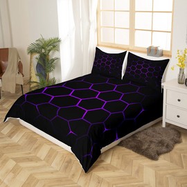 Geometric Duvet Cover 3D Hexagon Pattern Bedding Set for Kids Boys Girls Colorful Check Artwork Comforter Cover Purple Black Bedding & Linen 2Pcs Single
