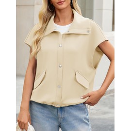 Cicy Bell Womens Oversized Vest Cropped Button Down Fall Cap Sleeve Lapel Collar Jackets Casual Drawstring Outerwear
