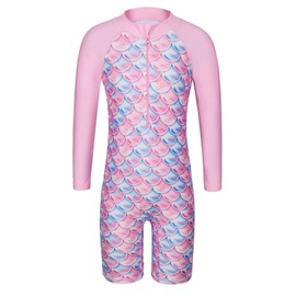 HUAANIUE Girls UPF 50+ UV One Piece Swimwear Kids Bodysuit Beachwear with Ziper Surfing Pink Swimming Children Bathing Costume 4-11 Years(PinkScale,152/158)