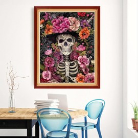 Magxvouy Cross Stitch Kits Stamped Full Range of Embroidery Kits,Cross Stitch Patterns Needlework Kits for Beginners 11CT Printed Kits&Skeleton Flowers 16x20 inch