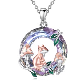 KZX Fox Necklace 925 Sterling Silver Fox Mushroom Necklace Fox Crystal Pendant Cute Animal Fox Jewellery Gifts for Women Girls, Sterling Silver, Crystal