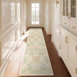 Washable Beige Green 2x10 Runner Rug for Hallway Kitchen Entryway Laundry Room, Non-Slip Stain Resistant Long Floor Mat, Vintage Floral Aethestic Design (Beige Green 2x10)