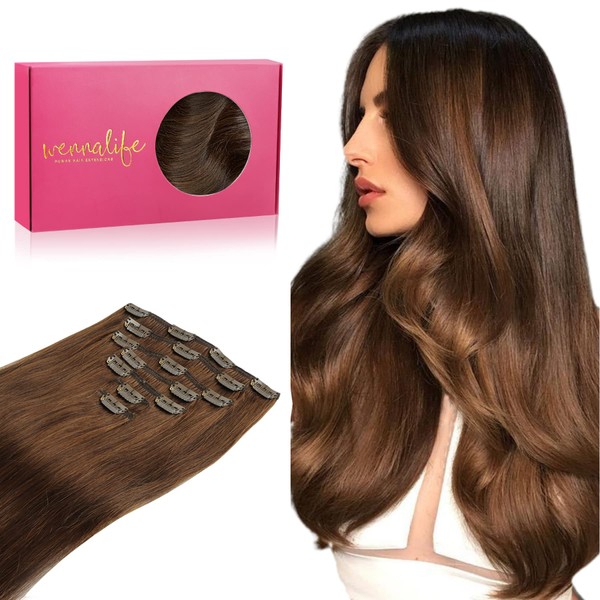 Wennalife Clip-In Human Hair Extensions, 35 cm (14 inches), 120 g, 7 Pieces, Chocolate Brown Hair Extensions, Clip-In Real Hair, Remy Hair Extensions, Natural Real Hair Extensions
