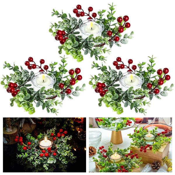 Sumind Christmas Candle Rings Wreaths Christmas Candle Holder Votive Candle Holders Christmas Kitchen Cabinet Wreaths Mini Wreaths for Kitchen Centerpiece Table Decorations (Red, 9 Pieces)