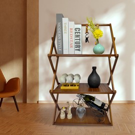 FEIXIDI Foldable Bamboo Shelf, Folding Shoe Rack, Flower Rack, Camping Rack, No Installation Required, Portable, Space Saving, Multi-Purpose Storage Rack (Walnut, 3 Tiers with Boom)