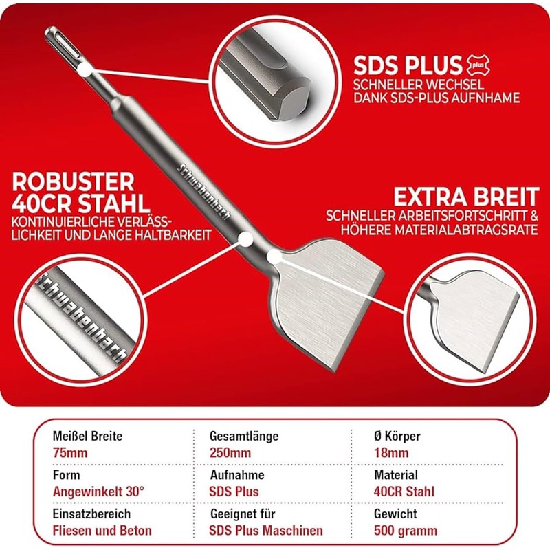 SCHWABENBACH® Scalpello per Piastrelle SDS Plus 75 x 250mm -