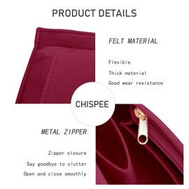 Chispee Felt Purse Organizer Insert Luxury Handbag Organizers for Longchamp Organizer Insert Divider Pocket & Zipper Inner Bag Liner fit Medium, Wine Red