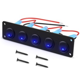 RUNCCI-YUN 12 V/24 V Switch Panel, 5 Gear, Car Toggle Switch Panel, SPST 3-Pin 2 Position Round Rocker Switch Panel with Blue LED Light for RV, Car, Yacht, Marine (12-24 V)