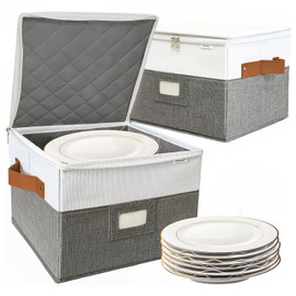 China Storage Containers,Quilted Dish Plate Storage with Stackable Lid for Dinnerware Kitchen Moving,2PACK 12 * 12 * 8in(Grey)