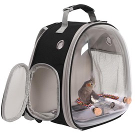 Small Bird Travel Backpack Carrier Cage, Backpack to Transport Backpack Carrier with Metal Tray Stand Perch for Parakeet Cockatiel Budgies Vet Carry Book Bag (Black)