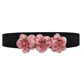 YOU&M Women's Small Rose Three-Flower Elastic Waist Belt Stretch Corset Elegant Sweet Cute for Dress Plus Size (Black&Red Flower)