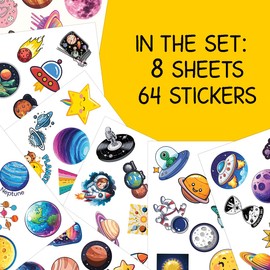 64pcs Outer Space Stickers, Space Planets Rocket Astronaut Sticker Waterproof Vinyl Perfect for Phone Cases, Laptops, Luggage, Birthday Parties, Picnic Crafts, and Daily Decoration