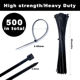 200 mm Cable Ties Set, 500 Pieces, Black Set, Nylon Cable Ties, Adjustable, UV Resistant, Self-Locking Cable Ties for Workshop, Garden, Living for Organising Cable Management