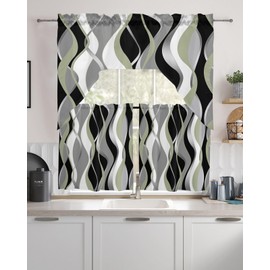 Sage Green Stripes Swag Kitchen Curtain Sets with Valance,3 Pieces Rod Pocket Curtain Drapes for Bedroom Living Room Bathroom Windows,Modern Geometric Black Grey White 56''x36'' & 24''x27.5''x2Panels