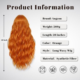 Angzon Orange Wig 26 Inch Long Wavy Wig for Women - Heat Resistant Synthetic Hair Middle Part Curly Wig Natural Look for Daily Party Cosplay Costume Use