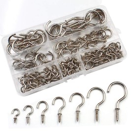 Yitla Pack of 150 Screw Hooks, Ceiling Hooks, Nickel-Plated Metal Hook Screws, Eye Screws, Cup Hooks, Screw Hooks with Storage Box, 7 Sizes