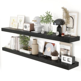 Heimlove 55 Inch Floating Shelves for Wall 8 Inch Deep Black Shelves Set of 2,Wall Mounted Rustic Wood Long Floating Shelf，Large Extra Display & Storage Shelf with Invisible Brackets