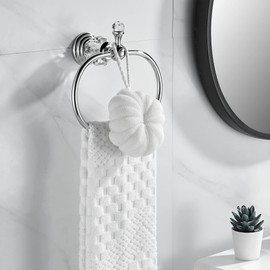 WOLIBEER Chrome Towel Ring,Crystal Hand Towel Holder,Bath Oval Hand Towel Rack Hanger Wall Mounted Bling Bathroom Accessories
