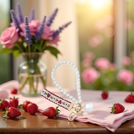 Myuiao 2pcs Red Cute Women's Imitation Pearl Chain Key Chain Girl Heart Strawberry Lace Ribbon Car Pearl Key Ring Charm Pendant Bag Hanging Keychains Accessories