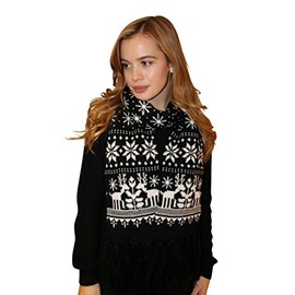 Central Chic Womens Winter Scarf Christmas Scarf - Black Thick Knitted Scarf With Fair Isle & Large Snowflakes