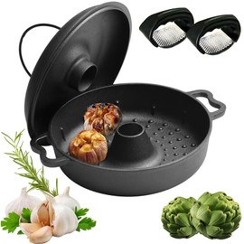 Large Garlic Roaster, Cast Iron Garlic Roaster for Oven Grill, Cast Iron Skillets Pan for BBQ, Picnic Garlic Baker with 2 Garlic Presses