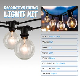 OHLECTRIC G16 Incandescent String Lights with E12 Base | 11W Black 14' Decorative String Light Kit | Used as Garden, Backyard Holiday Lighting | 1 Pack of 10 String Lights, OL-46979