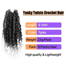 8 Inch 10 Packs Yanky Twist Crochet Hair Pre-twisted Ombre Gray Kinky Mini Spring Twist Small Curly Grey Senegalese Twist Braids (T-Gray)