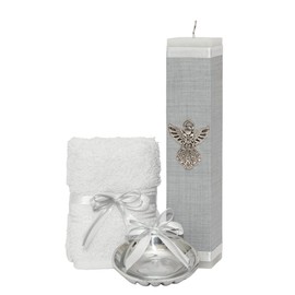 Kit de Bautizo Gris Con Cirio Vela Concha Pewter Toalla para niño niña
