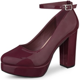 Allegra K Women's Platform Ankle Strap Chunky Heel Burgundy Mary Janes Pumps 7 M US