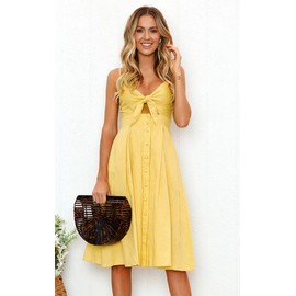 ECOWISH Women 2023 Summer Dresses Tie Front V-Neck Spaghetti Strap Button Down A-Line Backless Swing Midi Dress Yellow S
