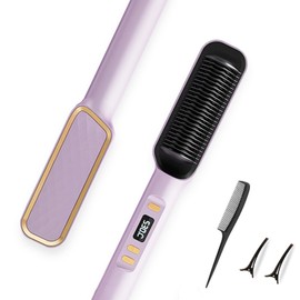 Hair Straightening Brush for Women, 2 in 1 Hair Straightener Comb with Free Temperature Adjustment, Hot Comb Hair Straightener with Quick Heat and Intelligent Power Off (Purple)