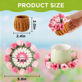 Vane Oak Flower Crochet Coasters, Handmade Bouquet Blanket Coaster with Crochet Plant Pot Fun Soft Decorative Drink Coasters for Coffee Tabletop Protection and Home Decor (Pink, 1Pc)