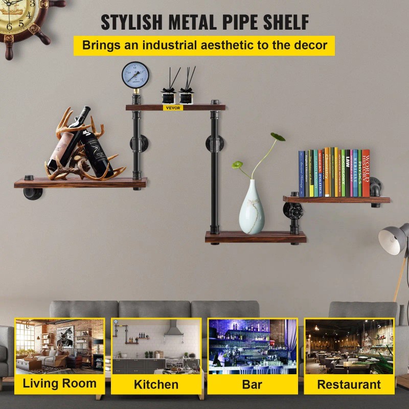 Industrial Pipe Shelving, Pipe Shelves with 4-Tier Wood Planks, Rustic