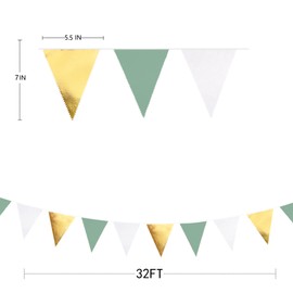32Ft Sage Green Gold White Bunting Banner Party Decorations Fabric Triangle Flag Pennant Garland Streamers for Rustic Jungle Safari Wild Woodland Dinosaur Birthday Wedding Baby Shower Hanging Decor