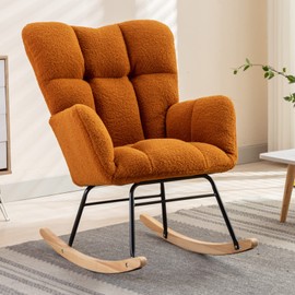 KINFFICT Nursery Rocking Chair, Teddy Velvet Upholstered Glider Rocker Rocking Accent Chair with High Backrest, Mid Century Modern Armchair Comfy Side Chair for Living Room Bedroom Offices