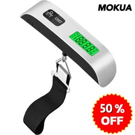 MOKUA Portable Digital Luggage Scale, 110lbs Hanging Baggage Scale with Backlit LCD Display, Portable Suitcase Weighing Scale, Travel Luggage Weight Scale with Hook, Strong Straps for Travelers, Silver