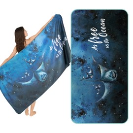 Umade Upgraded Microfiber Beach Towel (Large 73” x 35.5”) - Manta Ray Deep Blue - Quick Dry, Absorbent, Sand Free, Compact and Lightweight