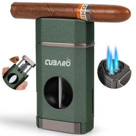 CUBARO Cigar Lighter with V Cutter – Triple Jet Torch Flame, Spring Lock Cutter, Flip Lid, Cigar Holder – Refillable Butane Windproof Lighter Gift for Men – Matte Green (NO Butane)