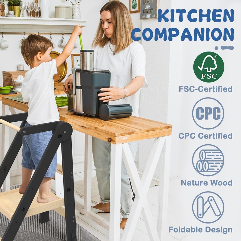 Foldable Toddler Kitchen Stool Helper, Toddler Standing Tower with 3