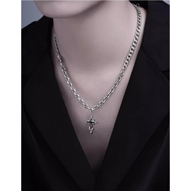 Tomovely Star Gothic Cross Stainless Steel Necklace Earrings Men's Jewelry Set Black Zircon Liquid Metal Pendant