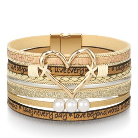 Inspirational Heart Leather Bracelets for Women, Birthday Christmas Boho Jewelry Gifts for Women, Mothers Day Gifts for Mom Grandma