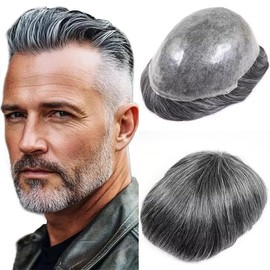 blazingfire Toupee for Men Hair Replcement System Mens Toupee Human Hair Piece Full Poly Thin Skin All PU Injection Male Toupee 8x10 Inch 1B Off Black with 40% Synthetic Grey Hair