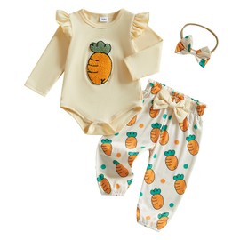Loalirando Toddler Baby Girls Easter Outfits Long Sleeve Round Neck Carrot Embroidery Romper Jumpsuit Tops Elastic Waist Pants Headband 3Pcs Set (Yellow, 9-12 Months)