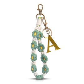 Linsdala Letter A-Z Keychain, Handmade Macrame Wristlet Keychain, Metal Alphabet Initial Flower Lanyard for Women Bags Car Key (A, Gold)