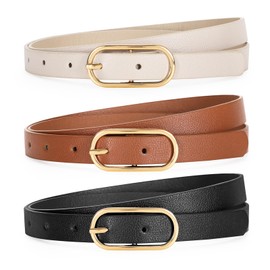 TRIWORKS Women Skinny Leather Belt for Dress Pants Jeans Ladies Thin Waist Belts with Gold Buckle