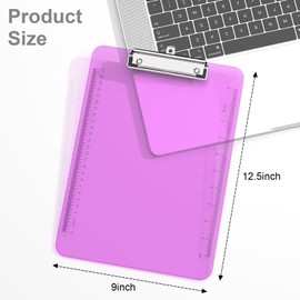Piasoenc 2 Pack Plastic Clipboards, Translucent Ruler Clip Board with Low Profile, Office Supply, School Supplies, Letter Size 9 x 12.5 Inches,Light Purple