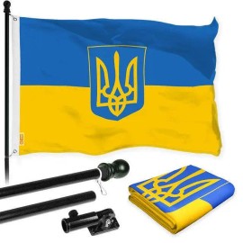 UD_G128 Flag Pole 6FT Black Tangle Free & Ukraine Ukrainian Coat of Arms Flag 3x5 Ft Combo Printed 150D Polyester