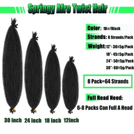 8 Packs Springy Afro Twist Hair 24 Inch Pre Fluffed Spring Twist Hair Pre-Separated Marley Twist Braiding Hair Synthetic Wrapping Hair For Soft Locs Faux Twisted Up Crochet Braid Hair Extension 1B